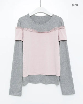 Lace off-shoulder layered long t-shirt