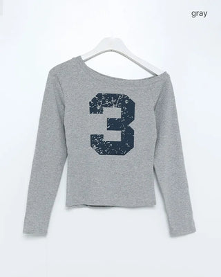 Number print off-shoulder long-sleeved T-shirt