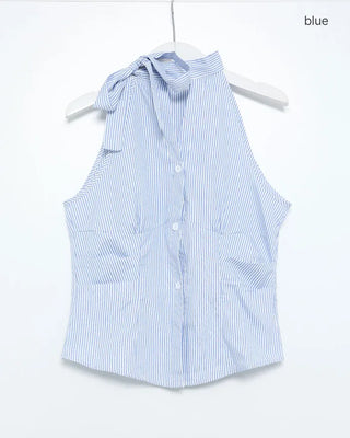 Striped gathered halter neck blouse