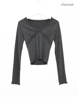 Lace V-neck cropped ribbed long T-shirt