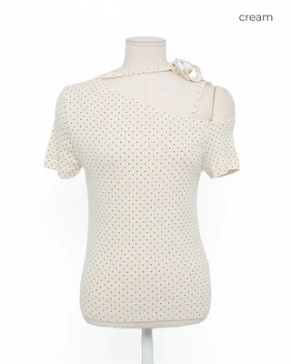 Dot Asymmetric Off-Shoulder Short-Sleeve T-Shirt