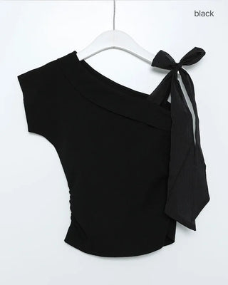 One-shoulder ribbon detail shirred blouse