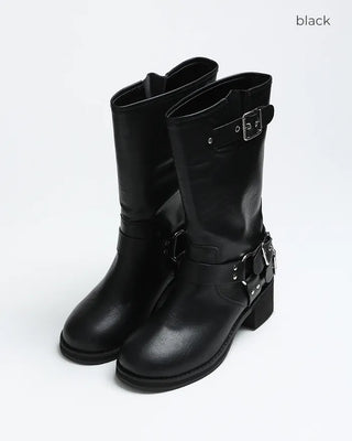 Round-toe biker mid-calf boots