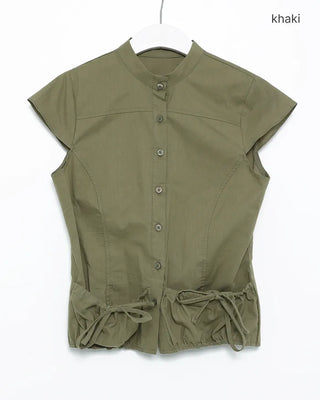 Cap-sleeve drawstring pocket button blouse