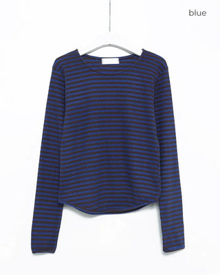 Oblong neck round hem border ribbed long T-shirt