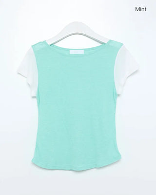 See-through two-tone short-sleeve T-shirt