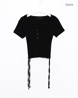Side Shirring Button Half Sleeve T-Shirt