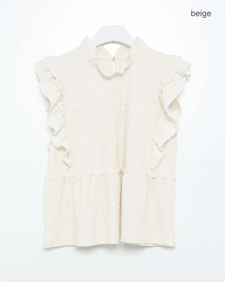 High-neck frilled neck and wide-leg pants set