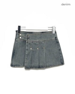 Side-adjustable wrap pleated denim mini skirt