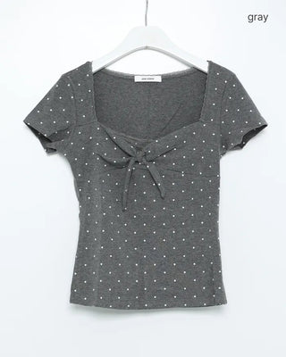 Lace trim polka dot front ribbon short-sleeved T-shirt