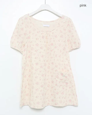 Short puff-sleeve walnut button pocket gauze tunic