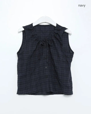 Checked ribbon gathered sleeveless blouse