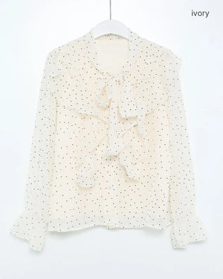 Polka Dot Ribbon Tie Frill Chiffon Blouse