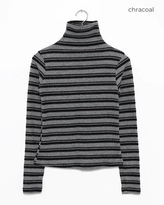 High-neck striped slim rib brushed long T-shirt