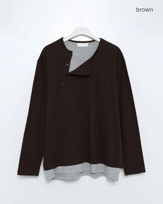 Diagonal stripe Henley neck point button long-sleeve T-shirt