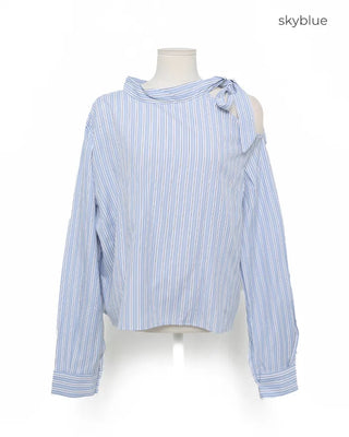 Cut-shoulder tie-neck double stripe blouse