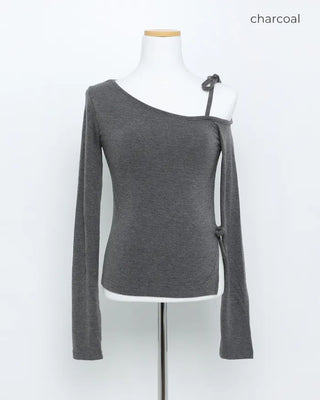 Asymmetrical Off-Shoulder Ribbon T-Shirt
