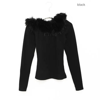 Fur off-shoulder long t-shirt