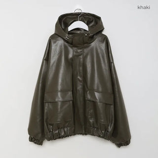 Leather hooded pocket jacket