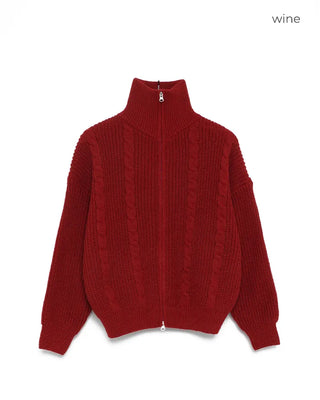 Cable knit high neck half-zip sweater
