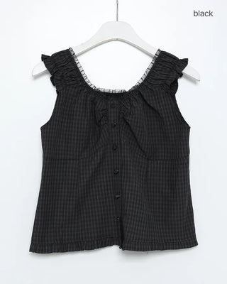 Lace shoulder shirred sleeveless blouse