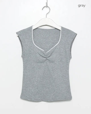 Bust Gathered Lace Heart Neck Ribbed Sleeveless