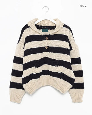 High-gauge knit polo neck wide striped sweater
