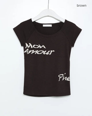 Lettering off-shoulder short-sleeved T-shirt