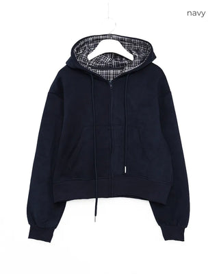Checked hooded zip-up parka