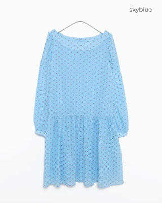 Bateau neckline polka dot yoke gathered chiffon dress