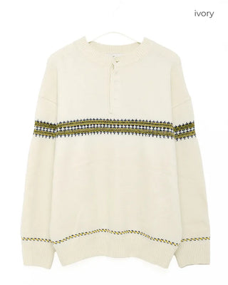 (Unisex) Jacquard Henley Neck Knit