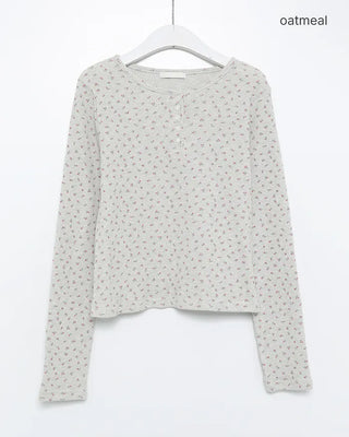 Henley Neck Flower Thermal Long T-Shirt