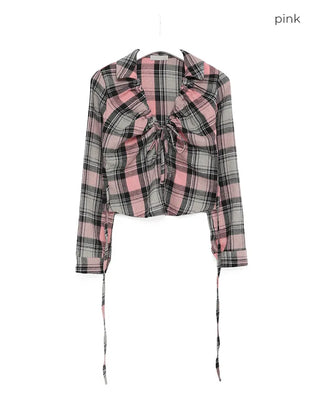 V-neck button-up check flannel blouse