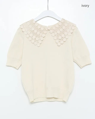 Lace Collar Puff Short Sleeve Knit