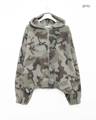 Shearling camouflage hooded zip-up
