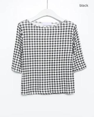 Gingham check boat neck 5/8 sleeve slim T-shirt