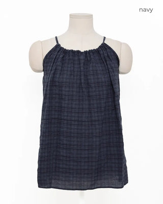 Checked shirred sleeveless blouse