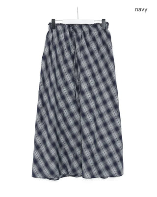 Checked elastic waist string long skirt