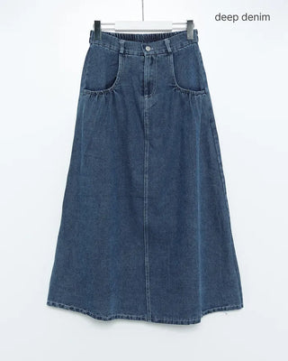 Elastic waist pocket midi denim skirt
