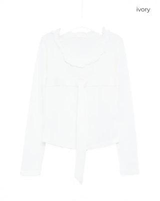 Frill Jewel Neck Ribbon Bust Long T-Shirt