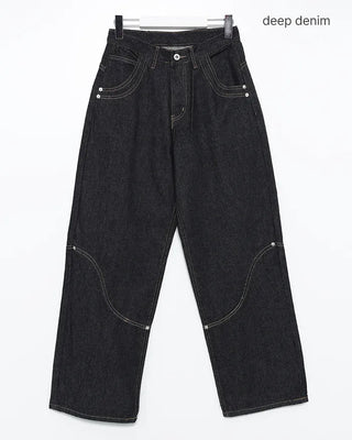 Knee Rivet Wave Stitch Wide Rigid Pants