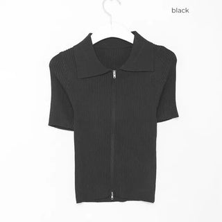 Colored Zipper Short-Sleeve Knit Cardigan
