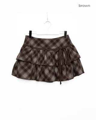 Ribbon check tiered mini skirt