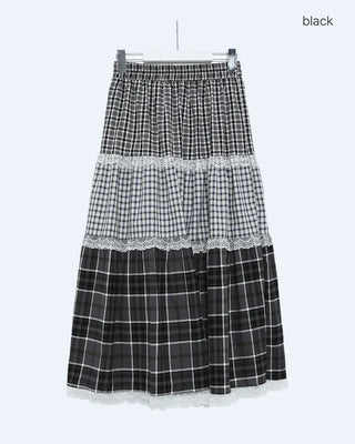 Check pattern lace detail long skirt