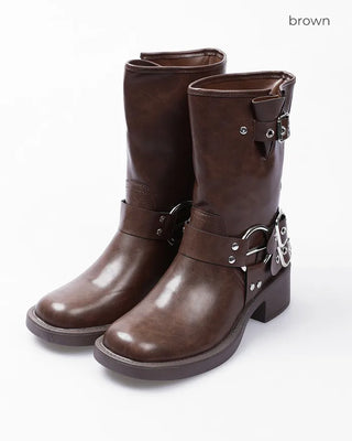 Faux Leather Mid-Calf Engineer Boots