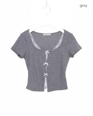 Lace Ribbon Slim Fit Half Sleeve T-Shirt