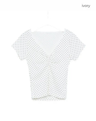 V-neck polka dot shirred half T-shirt