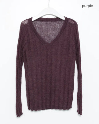 V-neck sheer ribbed knit
