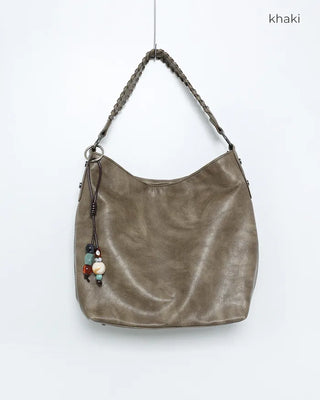 Ethnic Keyring Set One-Shoulder Leather Tote Bag