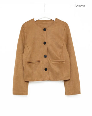 Collarless suede jacket